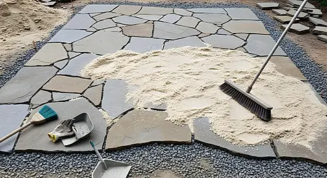 Crushed stone base, polymeric sand and natural stone patio