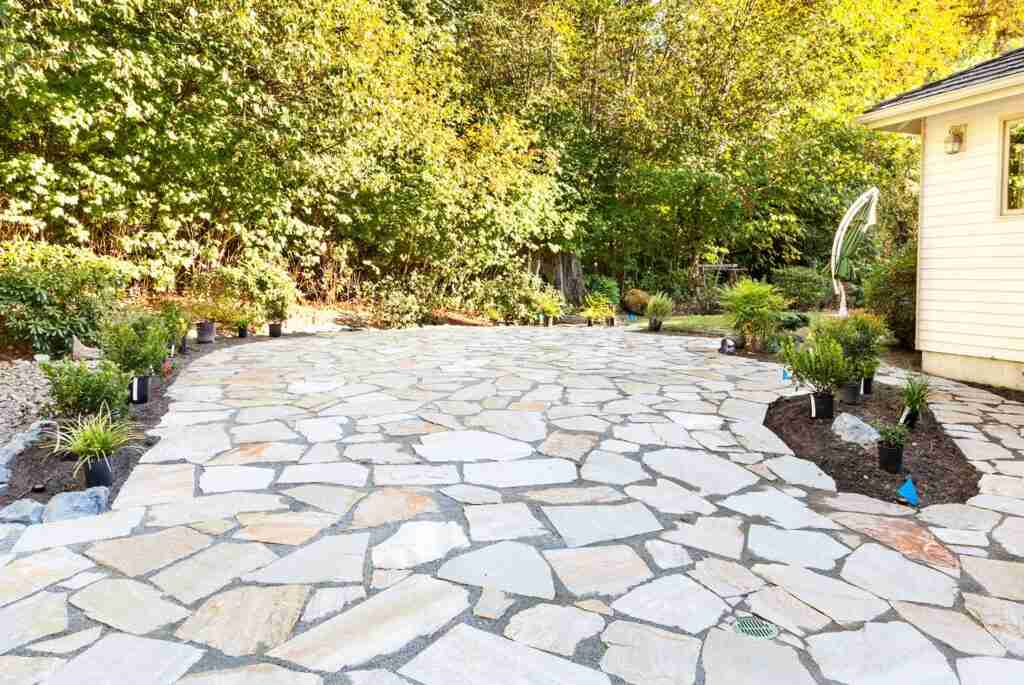Completed hardscaping project, natural stone patio